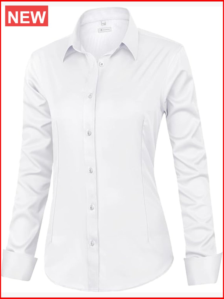 Classic-Fit Long Sleeve Button Down Blouse Wrinkle-Free Stretch Cotton Blend